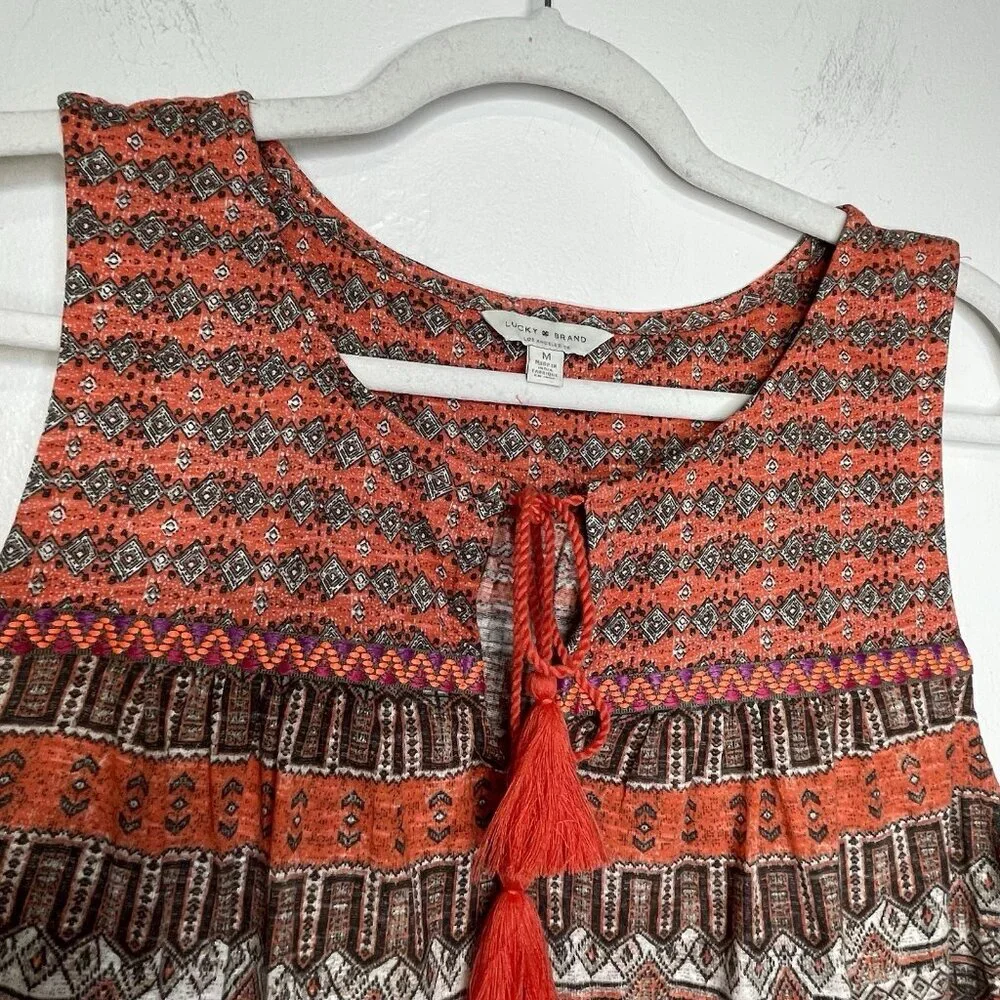 Lucky Brand Boho Top M Sleeveless V-Neck Cord Western Southwestern Tribal Orange - Picture 8 of 10